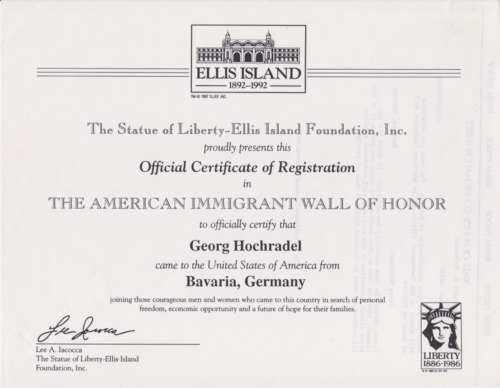Georg Hochradel Ellis Island Cert